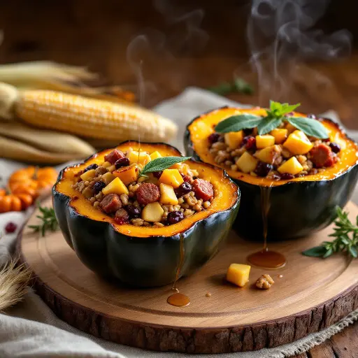 Vermont Maple and Sausage Stuffed Acorn Squash styled food shot